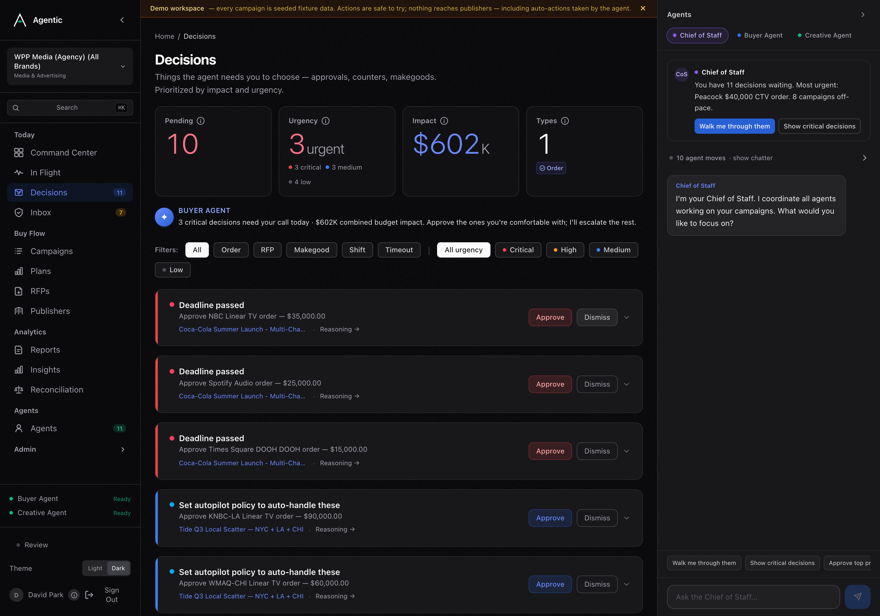 The decisions queue showing approve and dismiss cards for pending agent recommendations