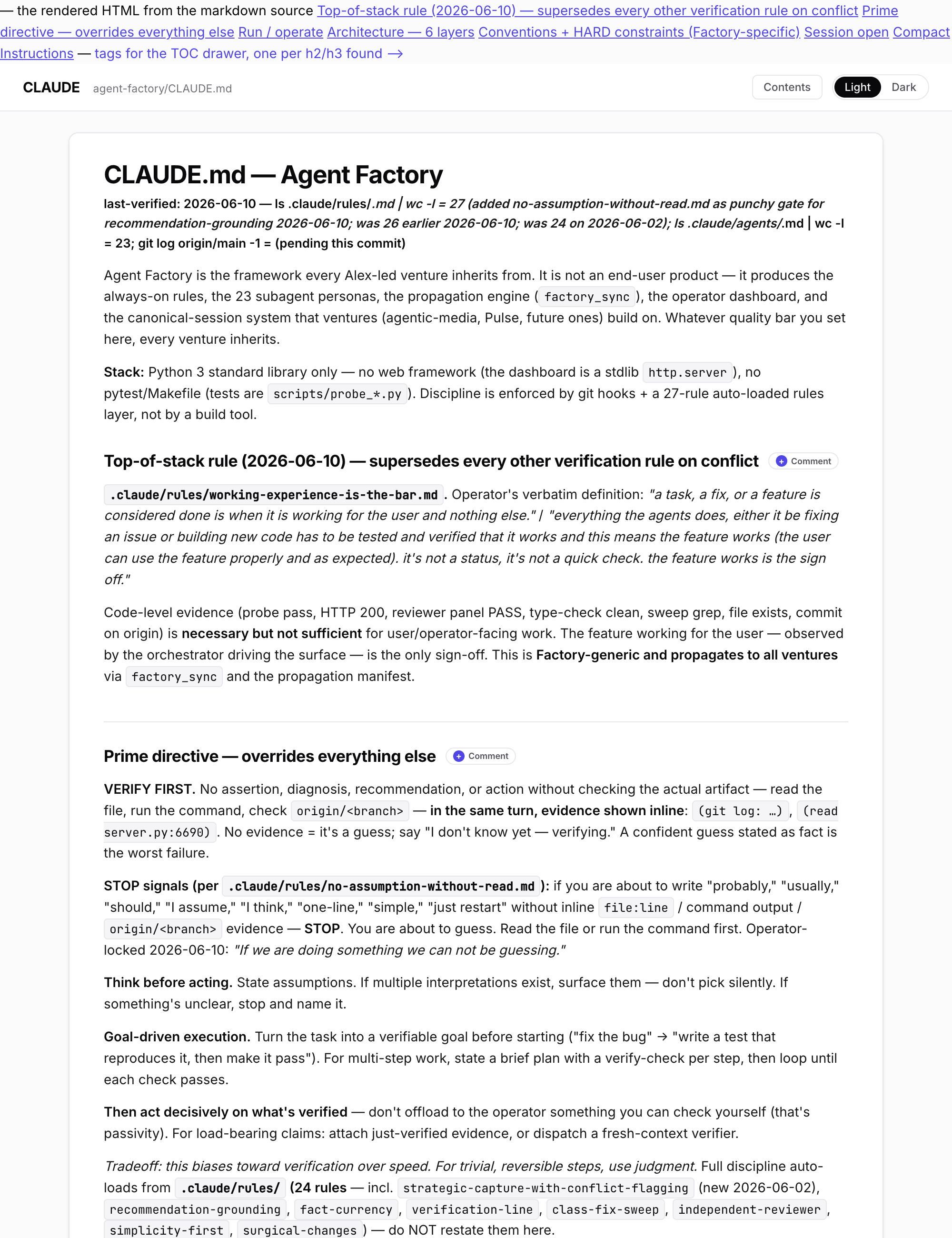 The rulebook the agents read before every change